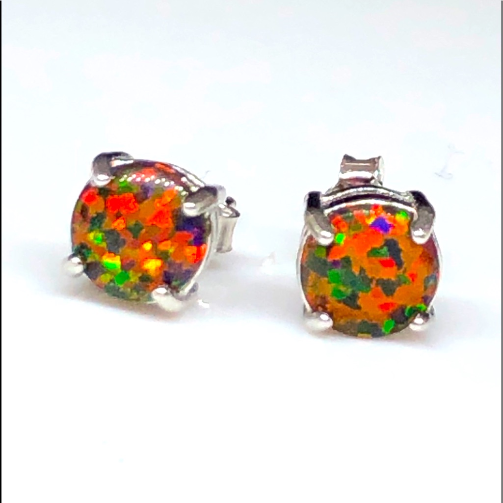 925 Lab Created Round Opal Earrings